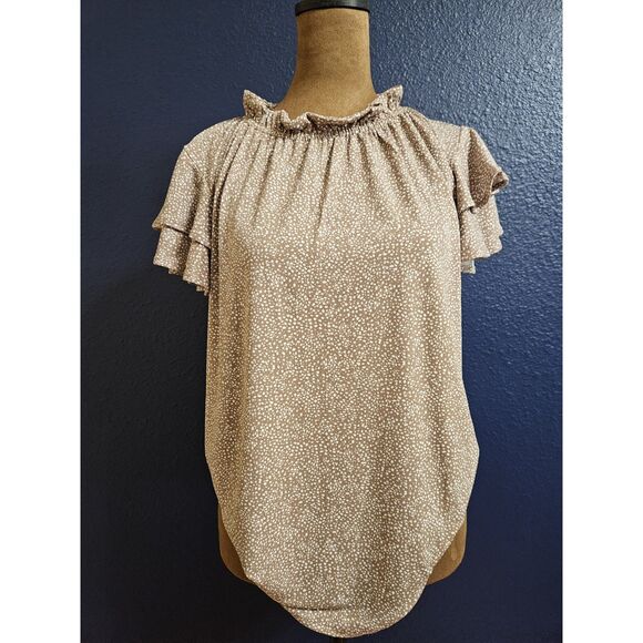 Adrianna Papell Women’s Ruffle Sleeve Blouse – Taupe Polka Dot Print, Size Small - Picture 1 of 2